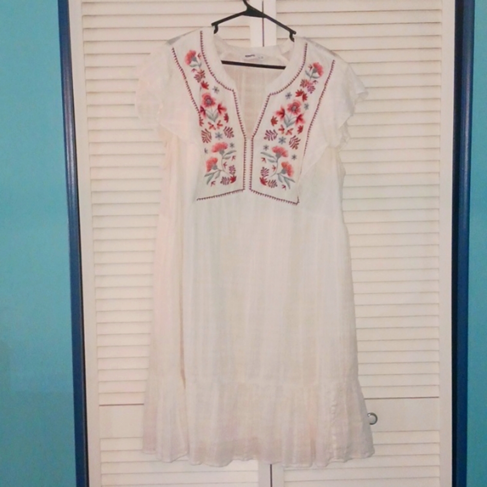 Sonoma White Embroidered Boho Dress with Multicolor Floral Accents